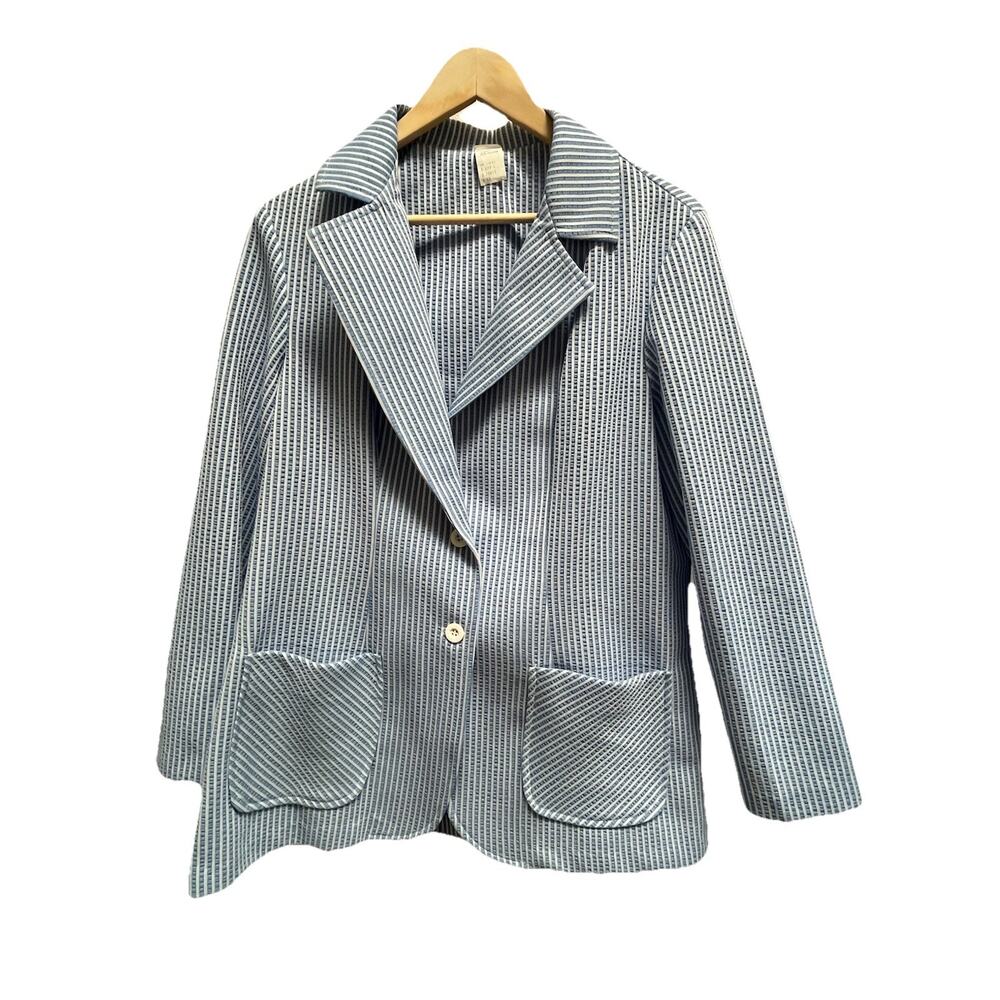 Vintage Seersucker Stripe Blazer Jacket Size 18 Cape Cod Prep Coastal Grandma